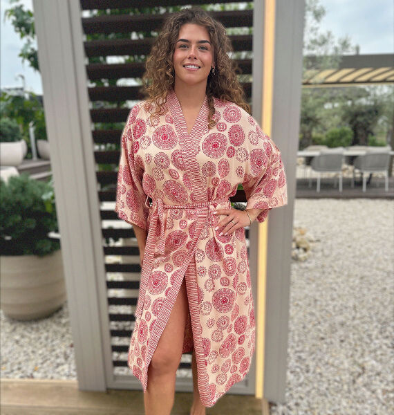 Bademantel Kimono Damen lang Balyy Batik Aztec Red