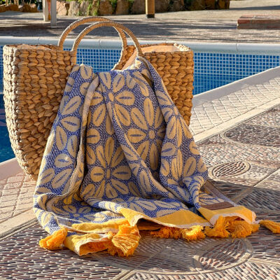 Hamamtuch Saunatuch Daisy Yellow - Dark Blue
